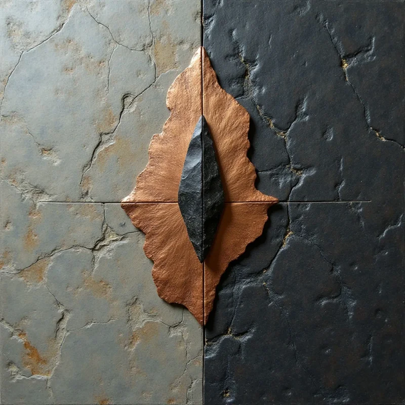 A vertical split divides the background into a textured grey surface on the left and a dark charcoal surface on the right. Centered over this division is an irregular, copper-toned shape with a rough texture that cradles a sharp, black, elongated stone form. Light falls from the upper left, casting subtle shadows that emphasize the depth of the central elements against the cracked, matte backgrounds.