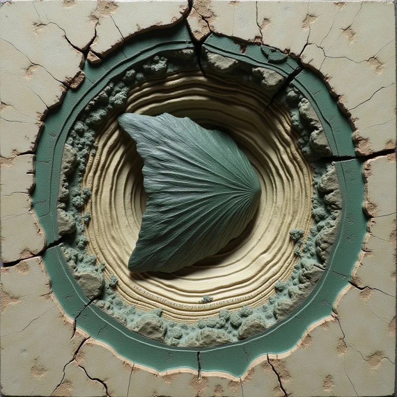 A central, dark teal leaf with deep radial ridges sits within a concentric circular depression of layered, sandy beige rings. The composition is framed by a cracked, light tan outer border that encircles a smooth teal ring and textured, mossy green clusters. Light falls evenly across the relief, emphasizing the tactile contrast between the smooth grooves, jagged cracks, and granular organic textures.