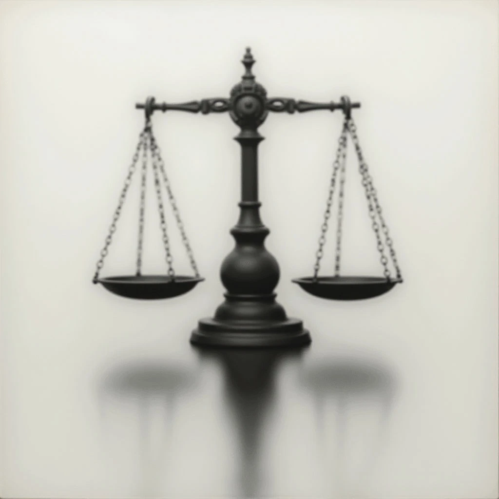 A dark, ornate set of scales stands centered against a pale gray background. The pans hang evenly, reflecting softly on the surface below. A blurred shadow extends downwards from the base of the scales, creating a sense of weight and mystery.