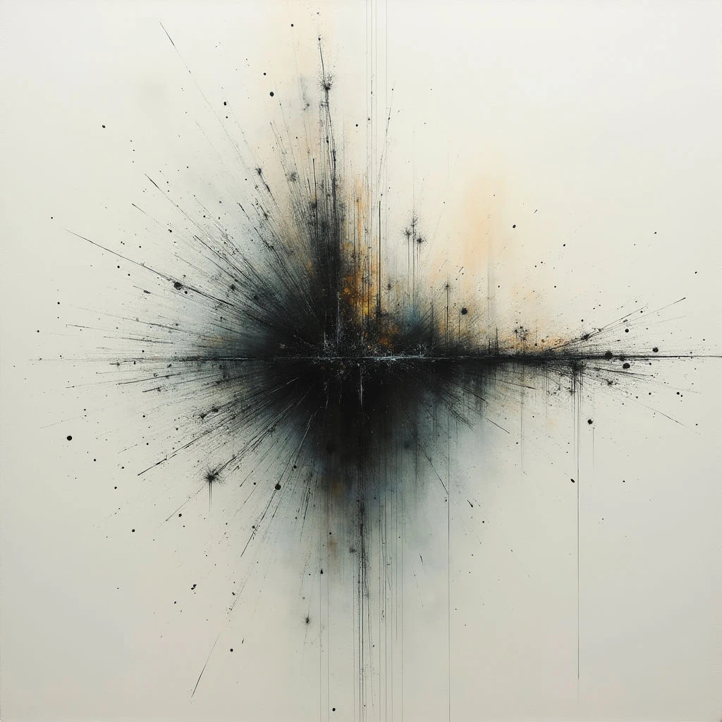 A dark, fractured shape explodes outwards from a central point on a pale background. Thin lines radiate like shards of glass or energy, scattering small flecks across the canvas. Hints of gold and peach peek through the darkness at the core of the burst.