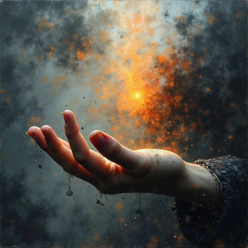 A hand reaches up, palm open, against a swirling dark background. Bright orange and yellow particles seem to burst from the center of its palm like contained energy or embers. Small droplets fall from the fingertips, contrasting with the fiery glow above.