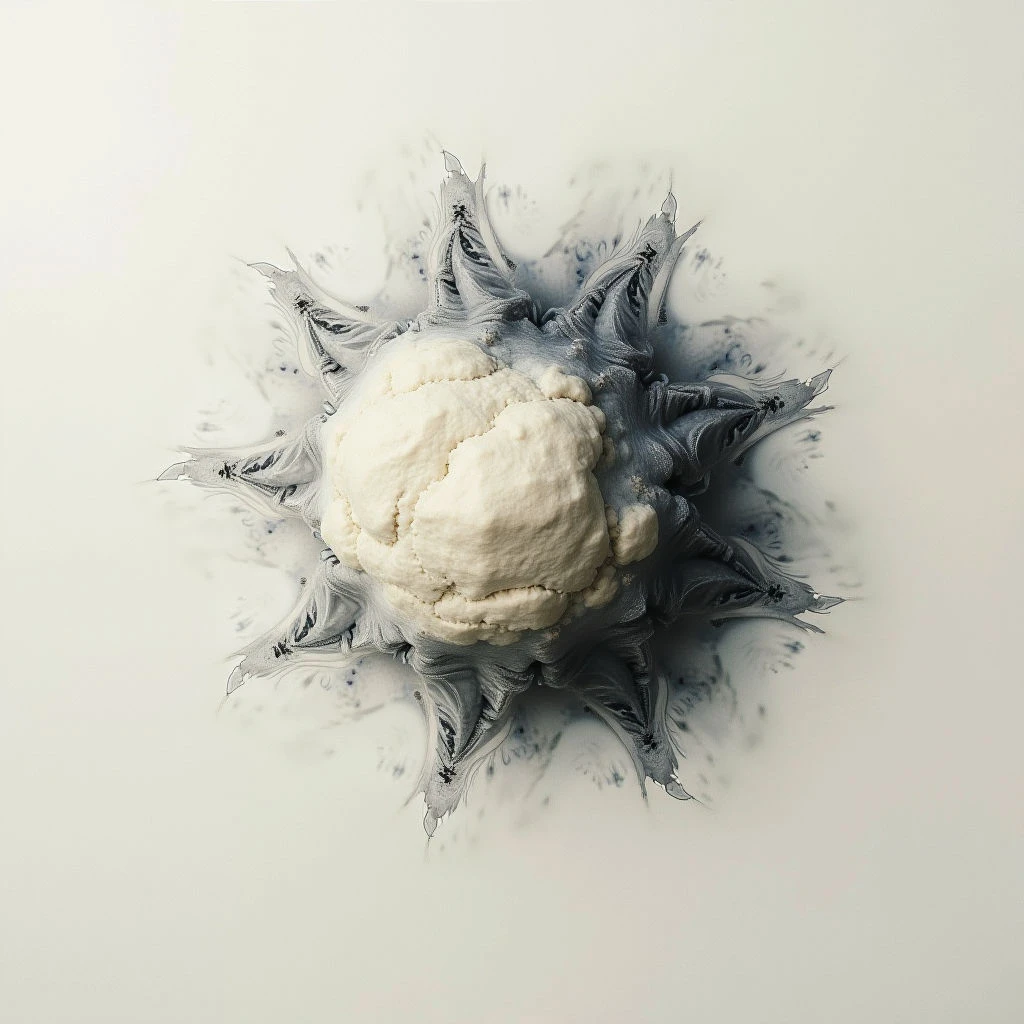 A single floret of cauliflower rests on a pale surface, surrounded by an explosion of swirling gray and white ink-like patterns. The shapes radiate outward from the vegetable, resembling a burst or bloom. The overall effect is delicate yet dramatic against the clean background.