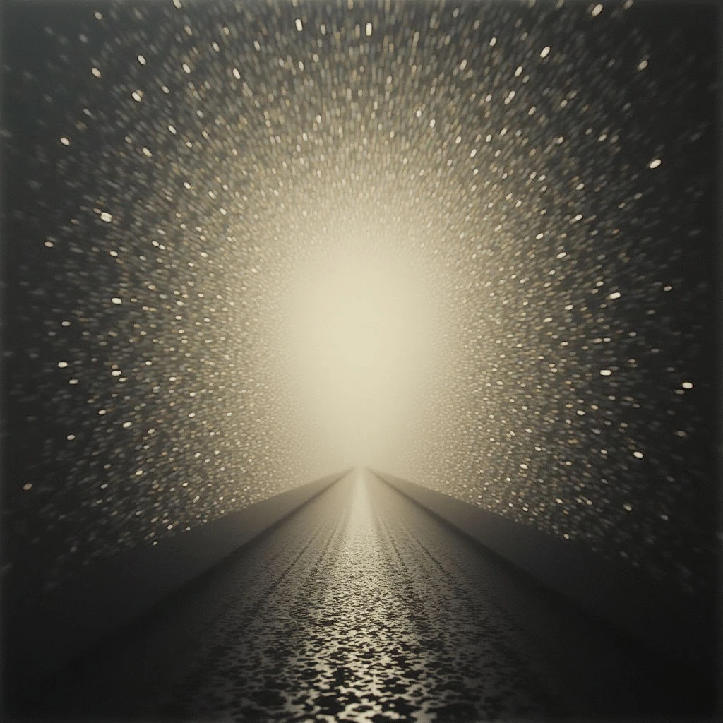 A dark road stretches forward, converging towards a brilliant, hazy light in the distance. Thousands of tiny specks fill the air above and around the road, creating a sense of movement and vastness. The overall effect is ethereal and suggests a journey toward something unknown.