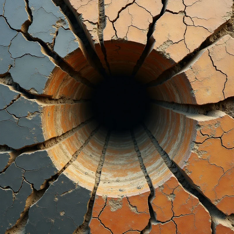 A dark, circular void sits at the center of a textured surface composed of fractured, earthy tones ranging from deep charcoal to warm terracotta. Radiating lines and jagged cracks divide the material into irregular geometric segments that converge toward the central opening. Light illuminates the rough, granular surfaces of the outer layers, creating high contrast against the pitch-black interior.