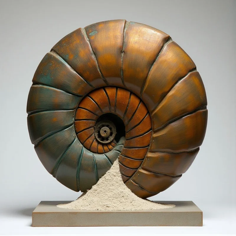 A large, coiled ammonite shell features a gradient of metallic bronze and weathered teal tones with deep, rhythmic ridges. The sculpture rests on a mound of fine, light-colored sand atop a smooth, rectangular gray base. Soft, even lighting defines the rounded contours and textured surface of the spiral form against a neutral, pale background.