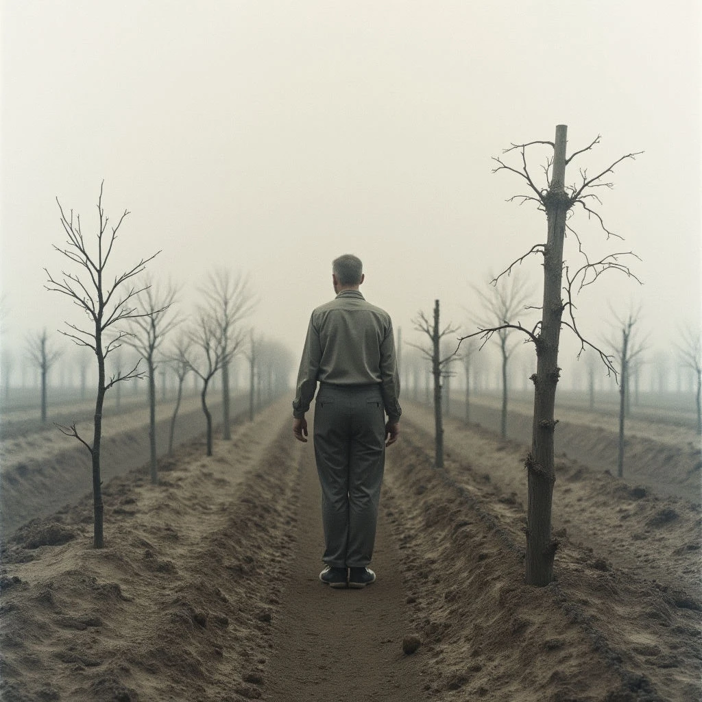 A man stands alone on a dirt path between rows of newly planted, leafless trees. The landscape is flat and shrouded in thick fog, creating a sense of isolation and stillness. He’s dressed in muted tones that blend with the bleak surroundings, appearing small against the vastness of the orchard.