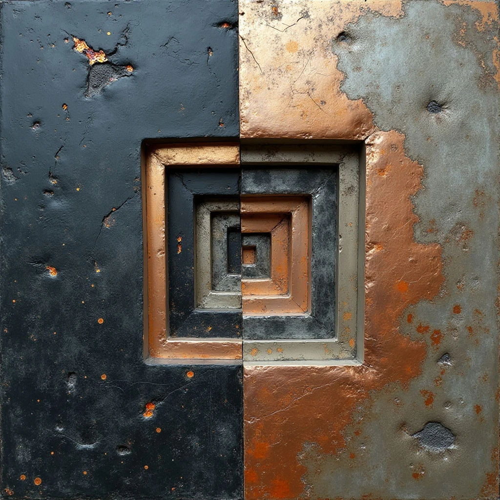 The image presents a symmetrical arrangement of dark and copper-toned rectangular surfaces bisected vertically. Both sides exhibit heavily textured, distressed appearances with numerous small holes and areas of flaking material, contrasting smooth inset rectangles that diminish in size towards the center. Light appears diffuse, highlighting the variations in surface texture and creating subtle shadows within the recessed shapes.