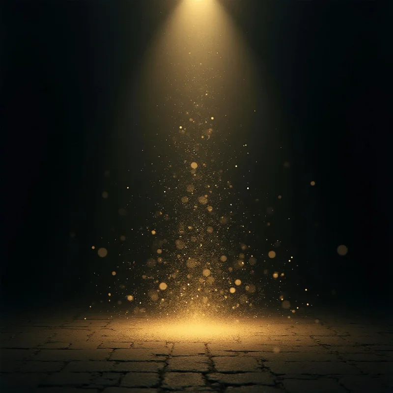 The image is dominated by dark browns and blacks, contrasted by a central column of golden light and particles. The floor appears to be constructed from rectangular stone tiles with a rough texture, while the illuminated dust motes create a soft, blurred effect. A strong spotlight originates from above, casting a concentrated glow onto the floor and diminishing in intensity as it rises into darkness, establishing depth within the space.