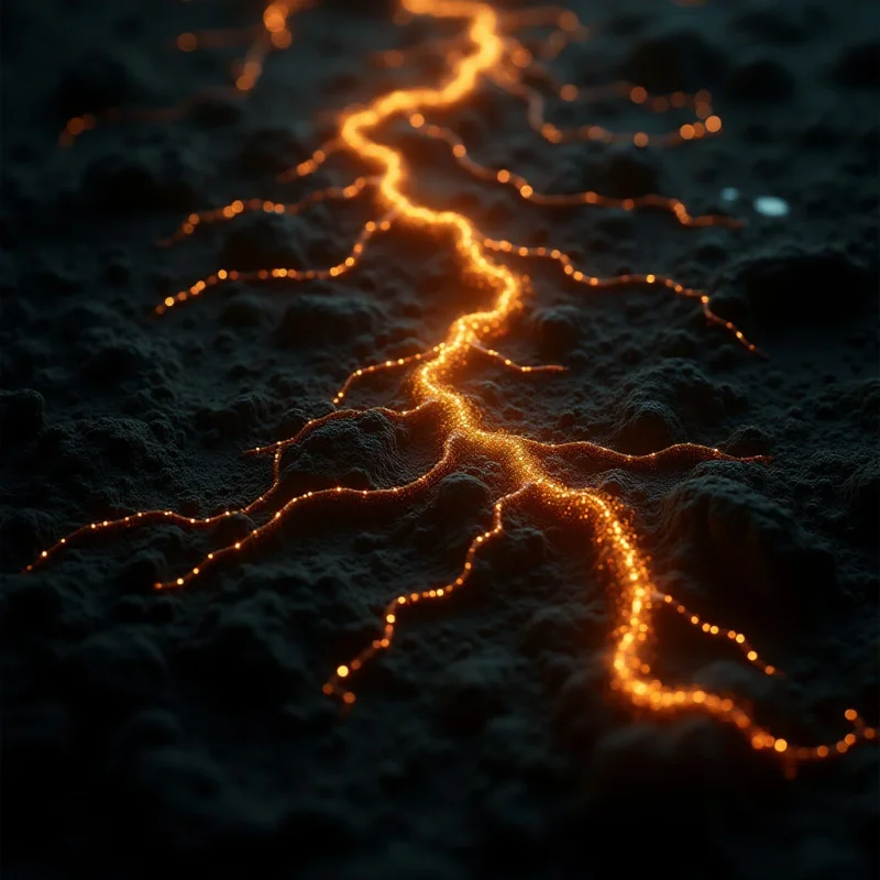 Glowing orange lines branch out across a dark, textured surface that resembles coarse volcanic rock or charcoal. The luminous veins provide the primary light source, casting a warm glow on the surrounding uneven terrain and creating deep shadows within its crevices. These bright, jagged shapes traverse the composition diagonally, contrasting sharply with the matte, granular black background.