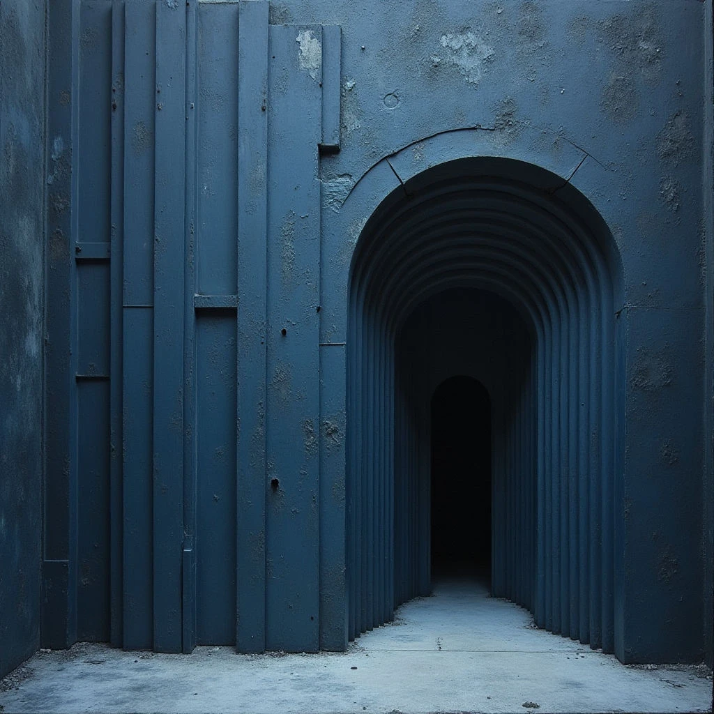 The image is dominated by shades of blue, ranging from a deep indigo in the receding archway to lighter tones on the textured wall surfaces. Repeating vertical rectangular shapes form both the flanking wall and the series of arches leading into darkness, creating a strong sense of linear perspective. Light diminishes rapidly with depth, casting the interior space into shadow while highlighting imperfections and wear on the painted walls.