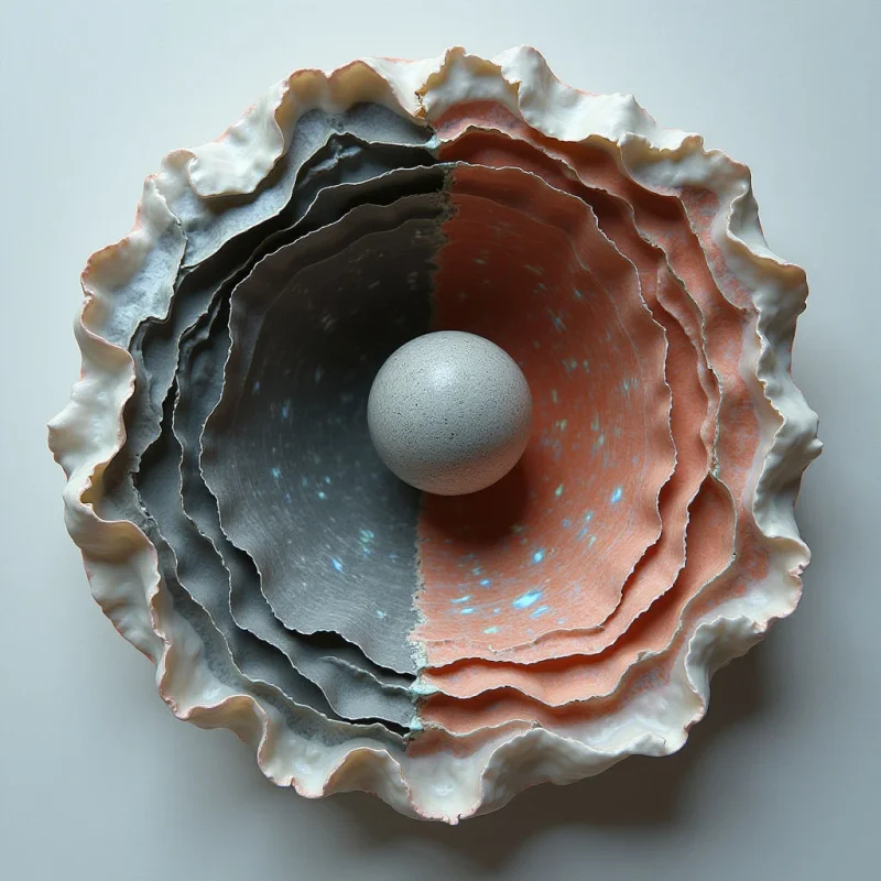 The image features a circular arrangement of layered, undulating forms in shades of white, peach, and gray, bisected down the center with a darker gray tone. The textures appear rough and slightly granular, contrasting with the smooth surface of a central sphere. Soft, diffused light illuminates the composition, creating gentle shadows within the layers and highlighting the spatial depth formed by their overlapping arrangement.