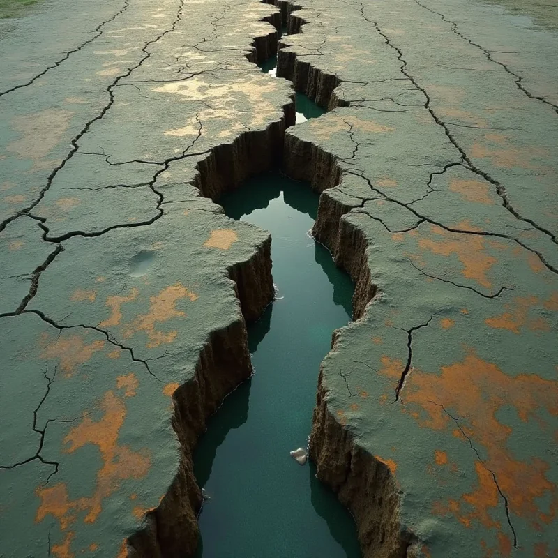 A deep, jagged fissure filled with teal water cuts vertically through a cracked, desert-like landscape of muted green and ochre earth. The terrain features a network of fine, dark cracks spreading across its textured surface, creating sharp geometric lines against the organic shape of the central canyon. Soft, diffused light illuminates the scene from above, casting subtle shadows within the depths of the crevice.