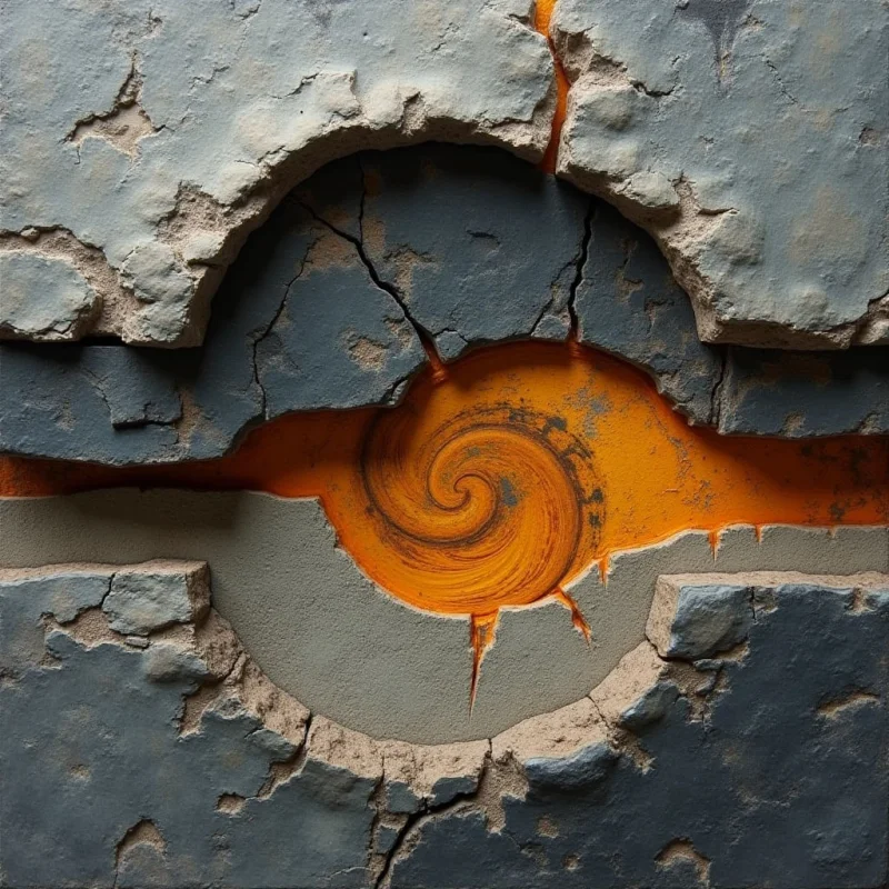 A jagged, textured grey surface is fractured by deep cracks and a large circular opening. An intense orange swirl with a fluid, painterly texture sits within the central void and extends horizontally through a narrow fissure. The composition contrasts the rough, matte quality of the stone-like material against the glowing, smooth movement of the inner shape.
