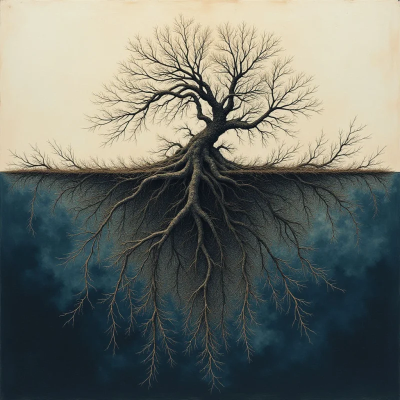 A leafless tree is split horizontally by a ground line, featuring dark, textured branches above and an expansive network of fine roots below. The upper half consists of thin, spindly shapes against a pale cream background, while the lower half displays intricate, vein-like structures set against a deep blue, cloud-like texture. The composition creates a symmetrical vertical relationship between the light sky and the dark, dense subterranean space.