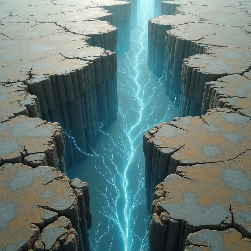 A deep, narrow chasm splits a cracked, tan landscape, revealing glowing blue lightning-like filaments within its depths. The jagged, vertical walls of the canyon transition from rough, earthy textures on top to smooth, luminous surfaces below. Bright light emanates from the center of the crevice, casting an ethereal glow against the dark, shadowed crevices of the surrounding terrain.