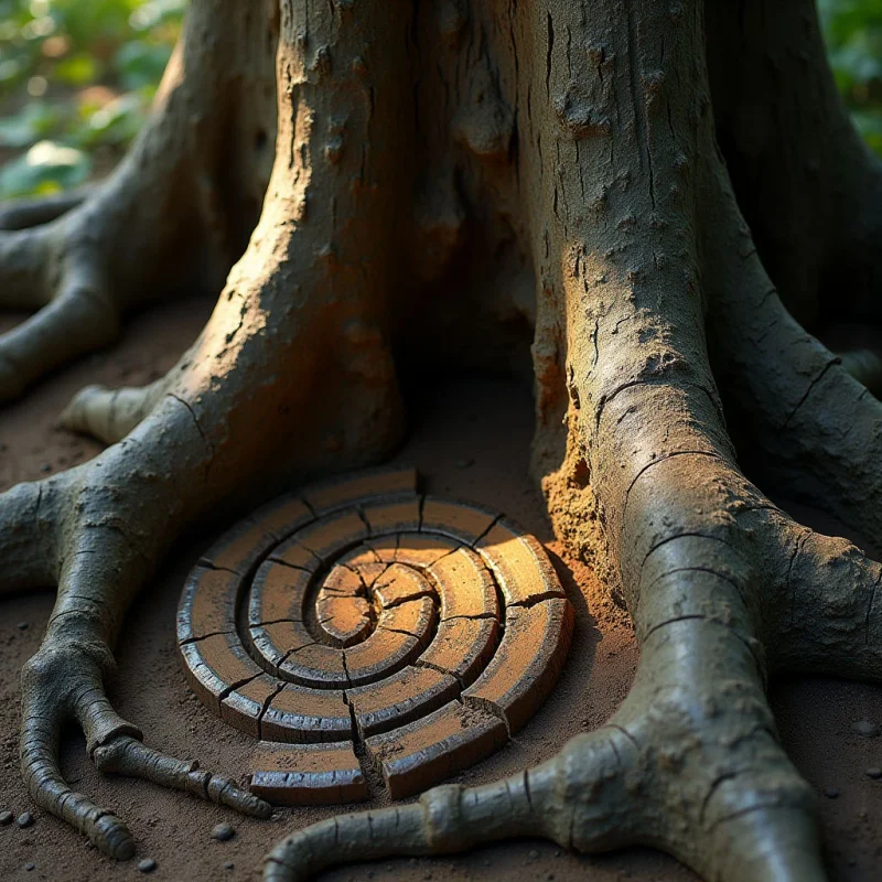 The image features a close view of a tree’s base and exposed roots, with a spiral pattern embedded in the earth between them. Earth tones dominate—browns ranging from light ochre to deep umber—and textures are rough and varied across the bark, roots, and soil; the spiral appears smoother in comparison. Light falls unevenly, creating strong highlights on the upper portions of the roots and casting shadows that emphasize depth around the embedded spiral and within the crevices of the tree’s surface.