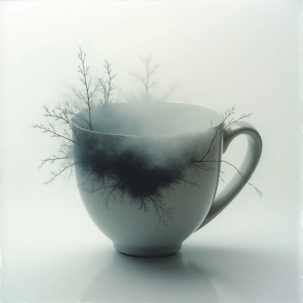 A pale ceramic cup holds a swirling, dark cloud within it, from which delicate branches and bare trees emerge. The mist obscures the bottom of the cup, creating an ethereal forest contained inside. Everything is set against a soft, muted white background that emphasizes the contrast between the cup and its unusual contents.