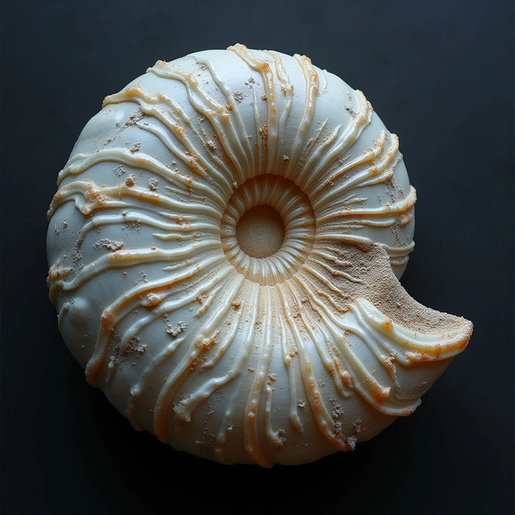 A large, spiraled ammonite fossil is centered against a dark background. The shell displays intricate ridges and patterns of pale cream and tan hues, with visible texture throughout its surface. A portion of the outer edge is broken away, revealing the internal structure of the ancient creature’s home.
