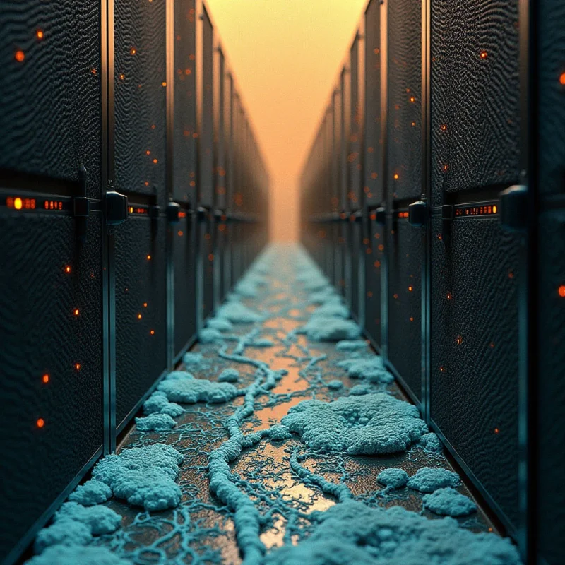 Rows of dark, textured server cabinets flank a narrow central aisle that recedes into a bright, golden-orange haze. The floor is covered in irregular, pale blue organic masses and branching vein-like patterns that contrast with the rigid vertical lines of the hardware. Soft light emanates from the distant background, casting dim glows on the metallic surfaces and highlighting the porous texture of the blue growths.