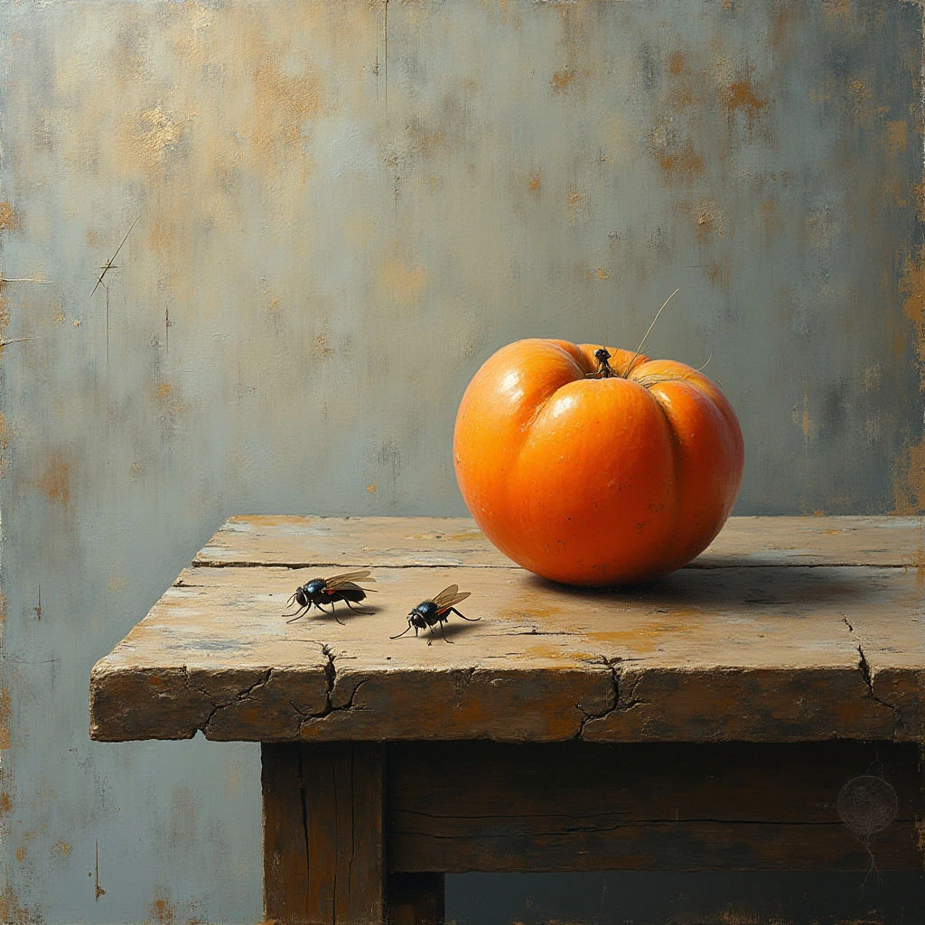 The image features a predominantly warm color palette with an orange pumpkin as the central focus against a cooler gray backdrop. The wooden table surface exhibits a rough texture contrasted by the smooth skin of the pumpkin and the glossy bodies of two flies positioned near its base. Light appears to come from the left, casting subtle shadows that define the shapes of the objects and create depth within the close spatial arrangement of the still life.