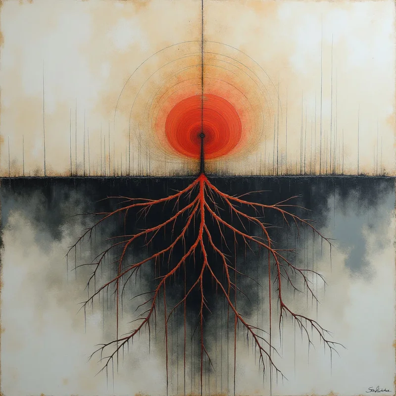 A bright orange and red circular form sits atop a dark horizontal division, radiating concentric lines against a pale, textured beige background. Below this line, thin, branching reddish-brown veins extend downward into a dark, smoky gray area that fades into light tones at the bottom. The composition is vertically bisected by a single fine line, creating a symmetrical relationship between the celestial orb and its root-like structures.