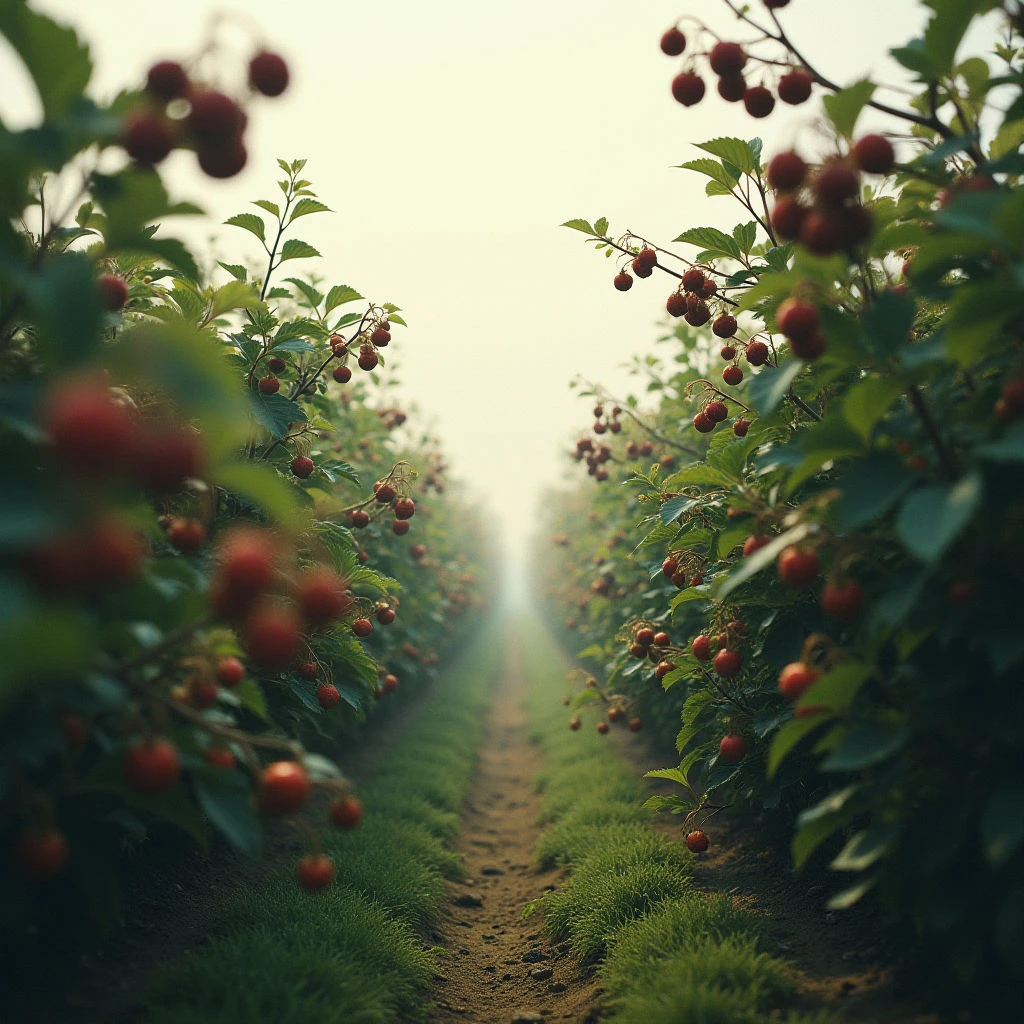 A narrow dirt path stretches into the distance, flanked by rows of lush bushes laden with bright red berries. The foliage is dense and vibrant green, creating a tunnel-like effect as the path fades into a soft, hazy light. It feels secluded and peaceful, inviting exploration deeper into the orchard.