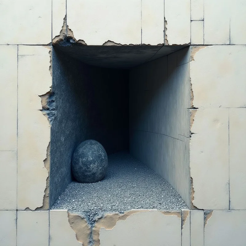A dark, spherical stone rests on a bed of fine grey gravel inside a rectangular void within a pale, cream-colored tiled wall. The composition features sharp geometric lines from the tiling contrasted against the jagged, broken edges of the opening and the smooth curve of the sphere. Soft light enters from above, casting deep shadows into the recessed space and highlighting the gritty textures of the stone and gravel.