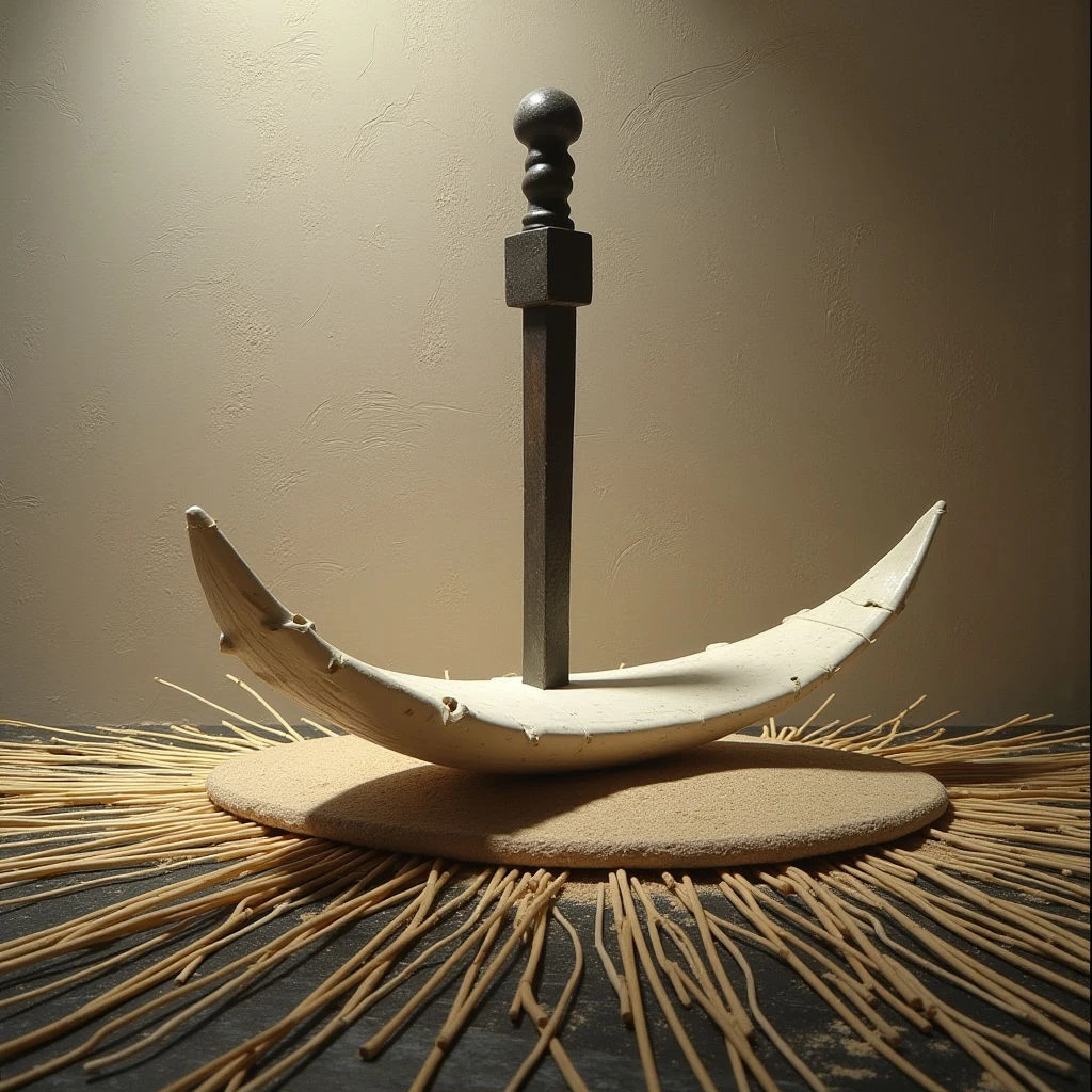 The image features a crescent-shaped off-white form resting on a circular tan base, with a dark metal rod piercing vertically through the center of both.  A scattering of slender, pale yellow sticks radiates outwards from the base and against a smooth, warm beige background. Light is focused centrally, creating shadows that emphasize the textures of the objects and define their spatial arrangement in front of a flat plane.