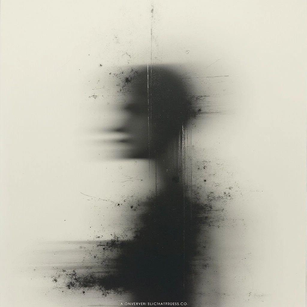 A dark, blurred figure stands out against a pale background, resembling a ghostly silhouette of a person. The form is indistinct and appears to be dissolving or fading, with streaks and imperfections across the image. It evokes a sense of memory, loss, or something intangible just beyond reach.