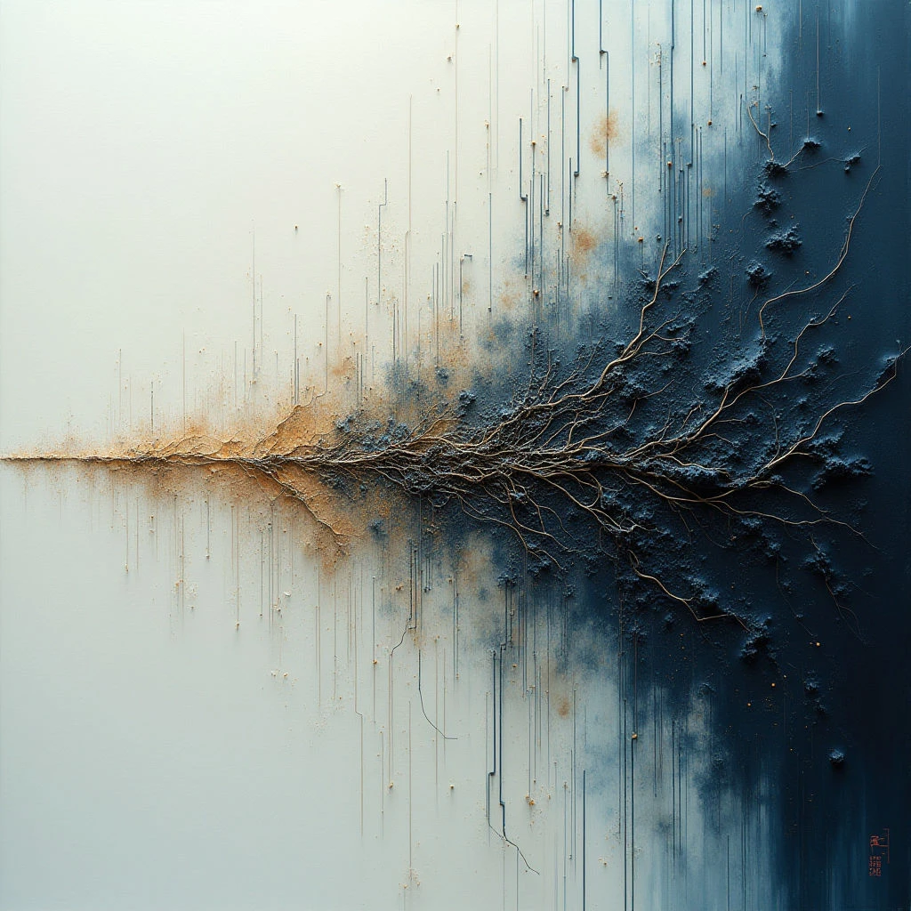 The image is divided vertically into cool blue tones on the right and pale, warm grey tones on the left, meeting in a central, textured band of brown and gold. Numerous thin, vertical lines extend from both sides towards the center, creating a sense of density that diminishes outwards; this central area also features branching, root-like shapes with rough, uneven surfaces. Light appears diffused across the composition, subtly highlighting variations in texture while casting minimal shadows, and spatial relationships suggest depth through layering and overlapping forms.