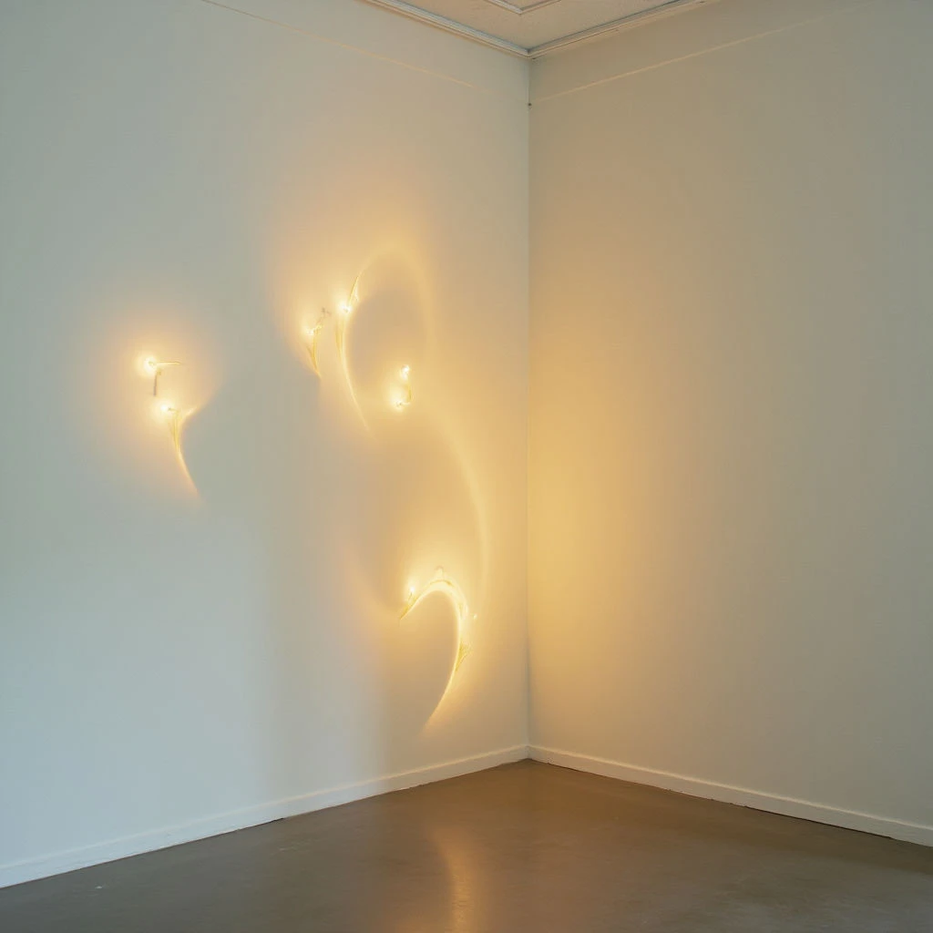 A dimly lit room features a large, shadowy figure cast onto the wall by several small lights. The shape vaguely resembles a gorilla or ape, with arms outstretched and a rounded head. The floor is smooth and reflects some of the light, while the walls remain pale and mostly unadorned.