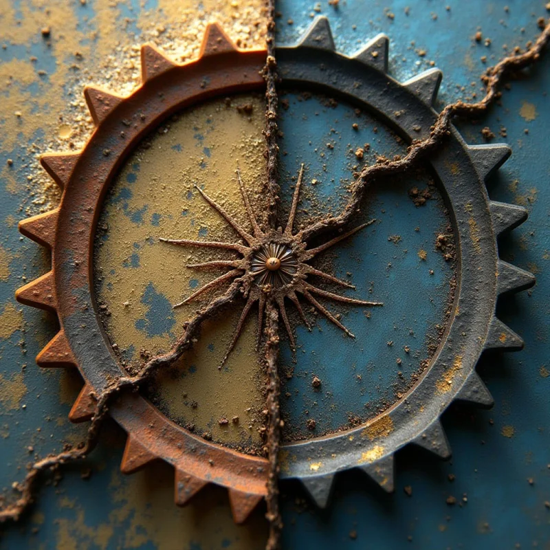 A large, jagged gear dominates the center of the frame, split vertically by a rough, textured line and bisected horizontally by a dark, cracked fissure. The left side features warm ochre and golden tones with a weathered, sandy texture, while the right side displays cool teal and slate hues with a smoother, matte finish. Light appears diffused across the surface, highlighting the contrast between the sharp geometric teeth of the gear and the organic, granular debris scattered throughout the composition.
