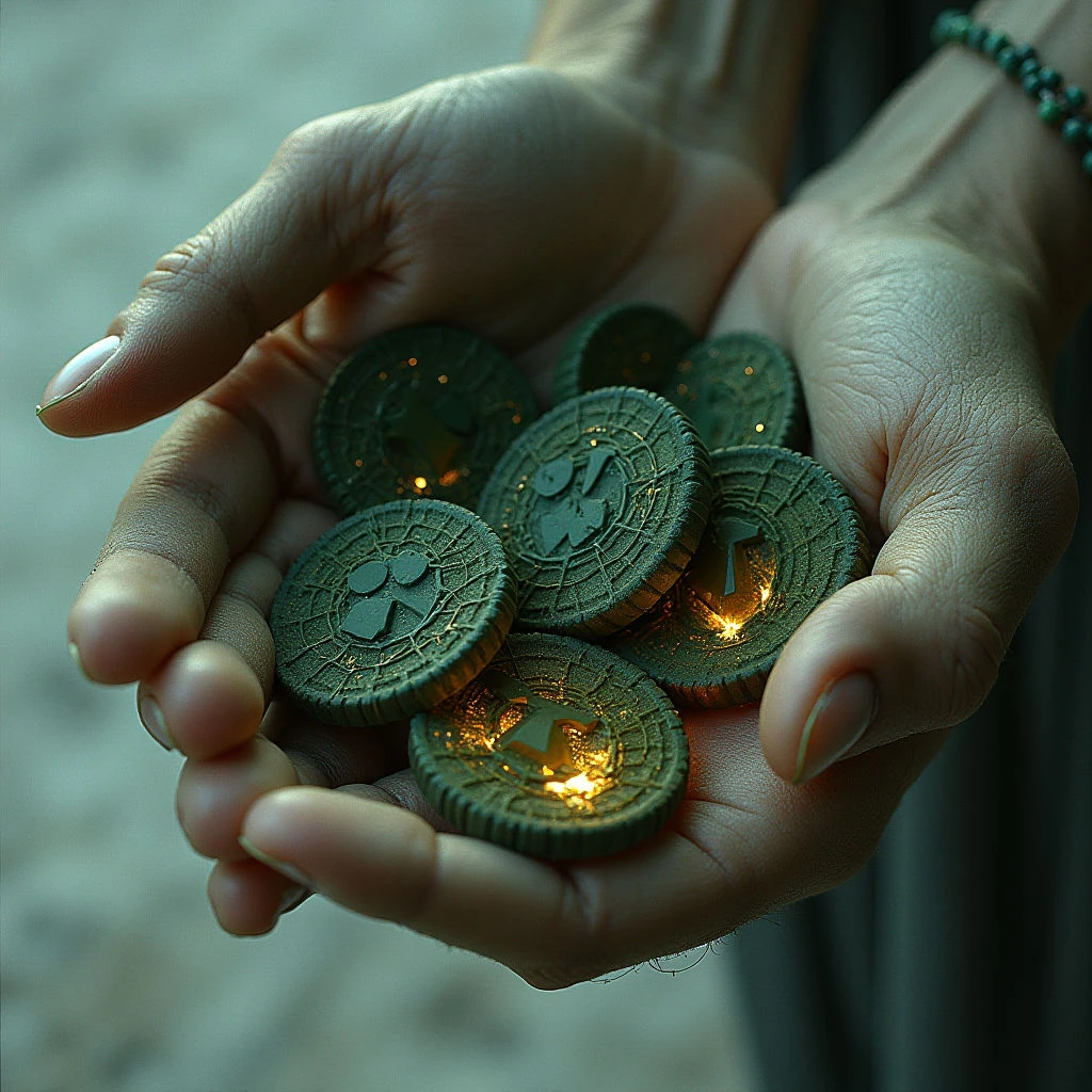 A collection of dark green, circular objects rests within two cupped hands. The objects have textured surfaces with central indentations that glow with a warm yellow light, contrasting with the cooler tones of the surrounding material. Hands are positioned closely together, creating a shallow depth of field and focusing attention on the coins held in their palms.
