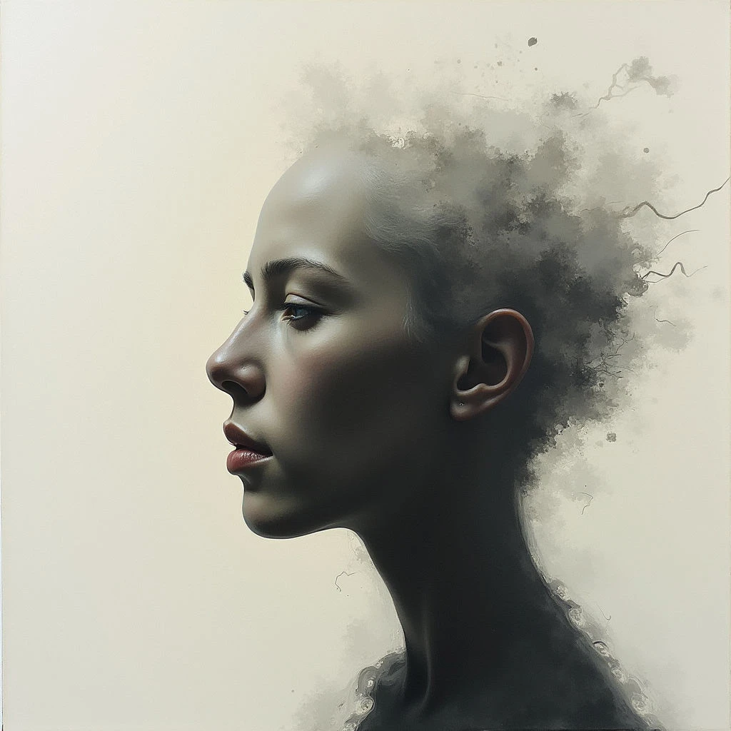 A woman with dark skin is depicted in profile, her gaze directed slightly downward and to the side. Her hair appears as a wispy cloud of gray smoke dissolving upwards, contrasting sharply with the smooth texture of her face and neck. The background is a pale, neutral tone, highlighting the delicate features and ethereal quality of the portrait.