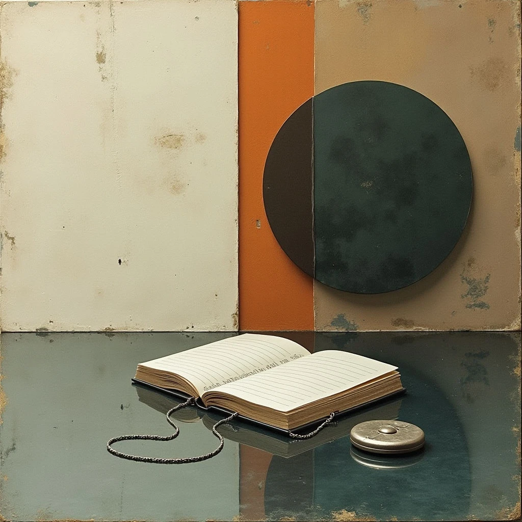 The scene features a muted color palette of beige, orange, and teal, with visible texture suggesting aged or worn surfaces on the walls and table. Geometric shapes—rectangles and a circle—are prominent, arranged against a flat plane that reflects light to create subtle highlights and shadows. A partially open notebook with a chain rests in the foreground, spatially separated from the wall elements but unified by the reflective surface below.