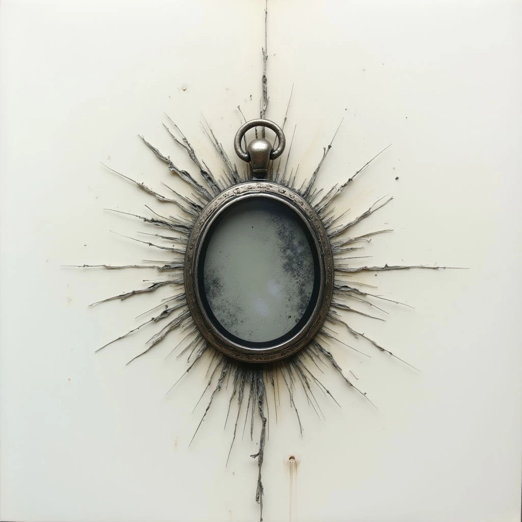 An oval mirror with a tarnished metal frame hangs on a pale, textured wall. Radiating outward from the frame are numerous thin, dark splinters or branches, resembling sun rays but appearing weathered and aged. A vertical crack runs down the center of the wall behind the mirror, adding to its sense of antiquity.