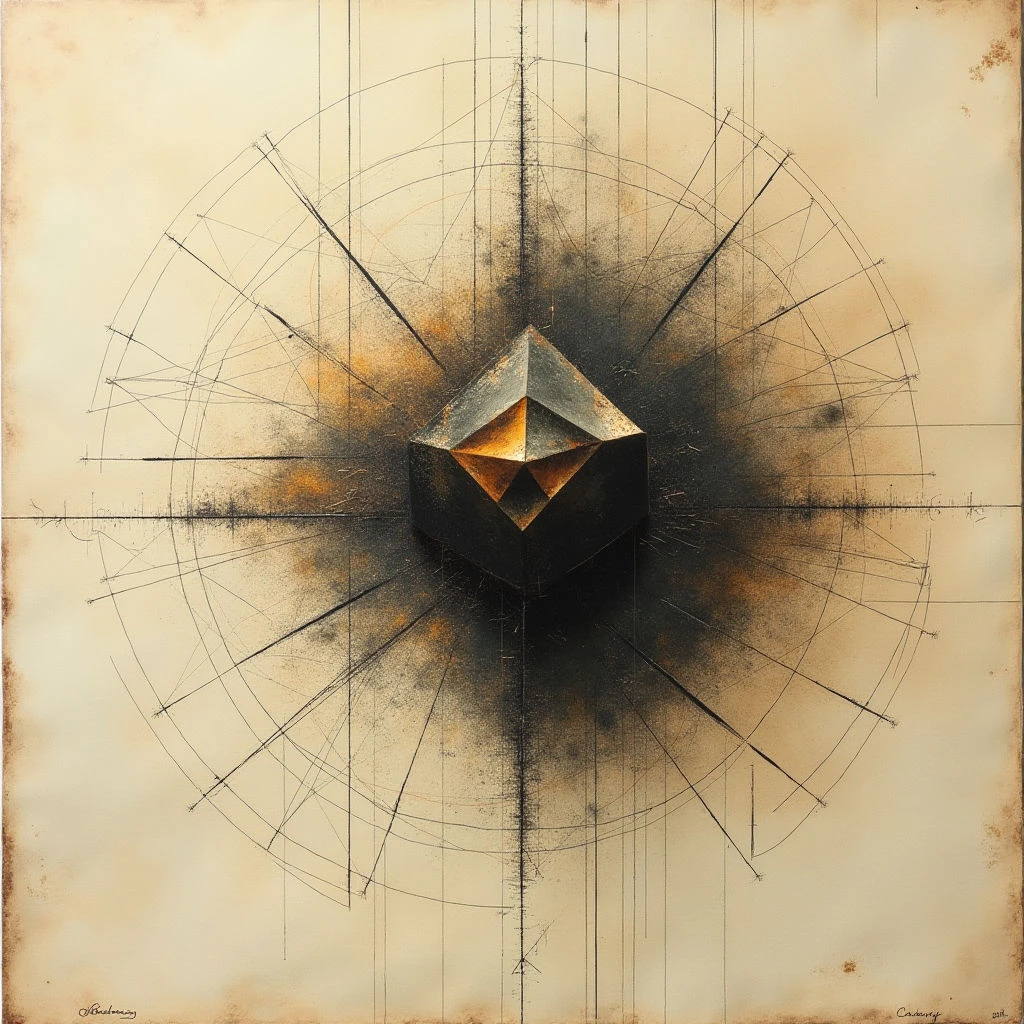 The image features a central dark geometric form—a complex polyhedron—set against a pale beige background with radiating lines and circular patterns. Warm ochre and brown tones emanate from behind the shape, creating a sense of depth and contrast within the surrounding lighter field. Fine linear textures define both the structure and the halo effect, while light appears to be strongest on the upper facets of the polyhedron, casting subtle shadows below and around it.
