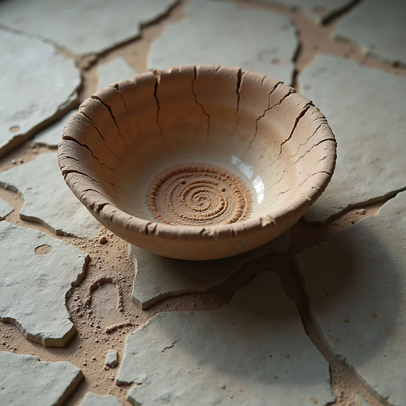A shallow, circular bowl with a cracked, textured rim sits centrally on an irregular stone surface. The composition features muted earthy tones of beige, tan, and cream, with light reflecting off the smooth inner curve of the vessel. Large, flat polygonal shapes form the ground plane, separated by narrow crevices filled with fine granular sand.