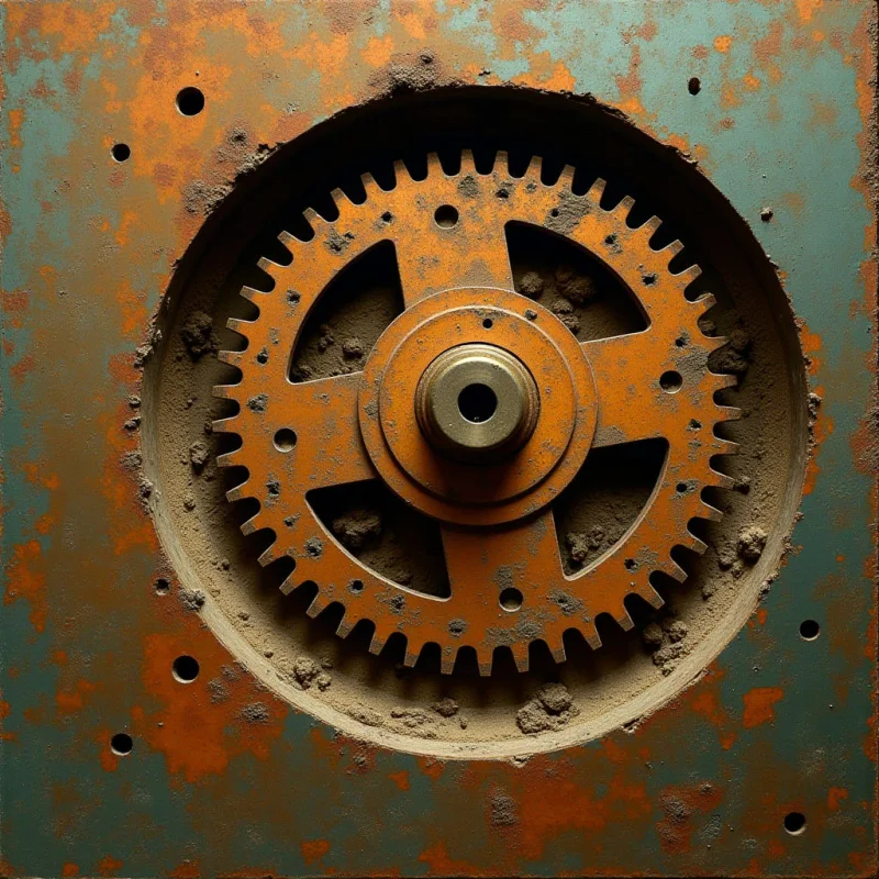 A large, orange gear with sharp teeth sits centered within a circular recess of a weathered, teal and rust-colored metal plate. The composition features rough, granular textures from accumulated grime and oxidation contrasted against the geometric precision of the cog and its central axle. Light falls evenly across the scene, highlighting the depth of the recessed area and the interplay between the metallic surfaces and gritty debris.