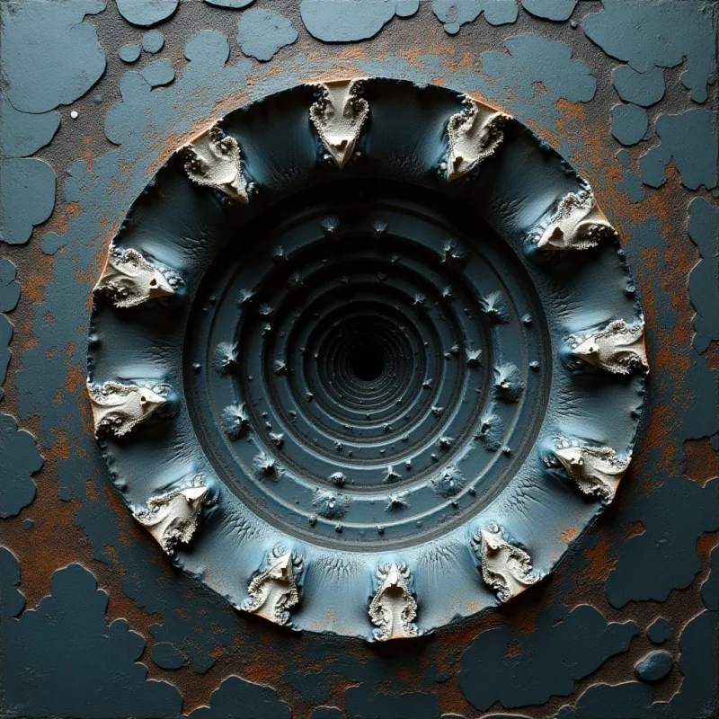 A circular, swirling vortex of deep blue and slate tones recedes into a dark center, surrounded by an outer ring of jagged, cream-colored organic protrusions. The background consists of a textured, matte blue surface broken by irregular patches of rusted orange. Light falls unevenly across the relief, creating sharp shadows within the concentric ridges and highlighting the rough, granular textures of the material.