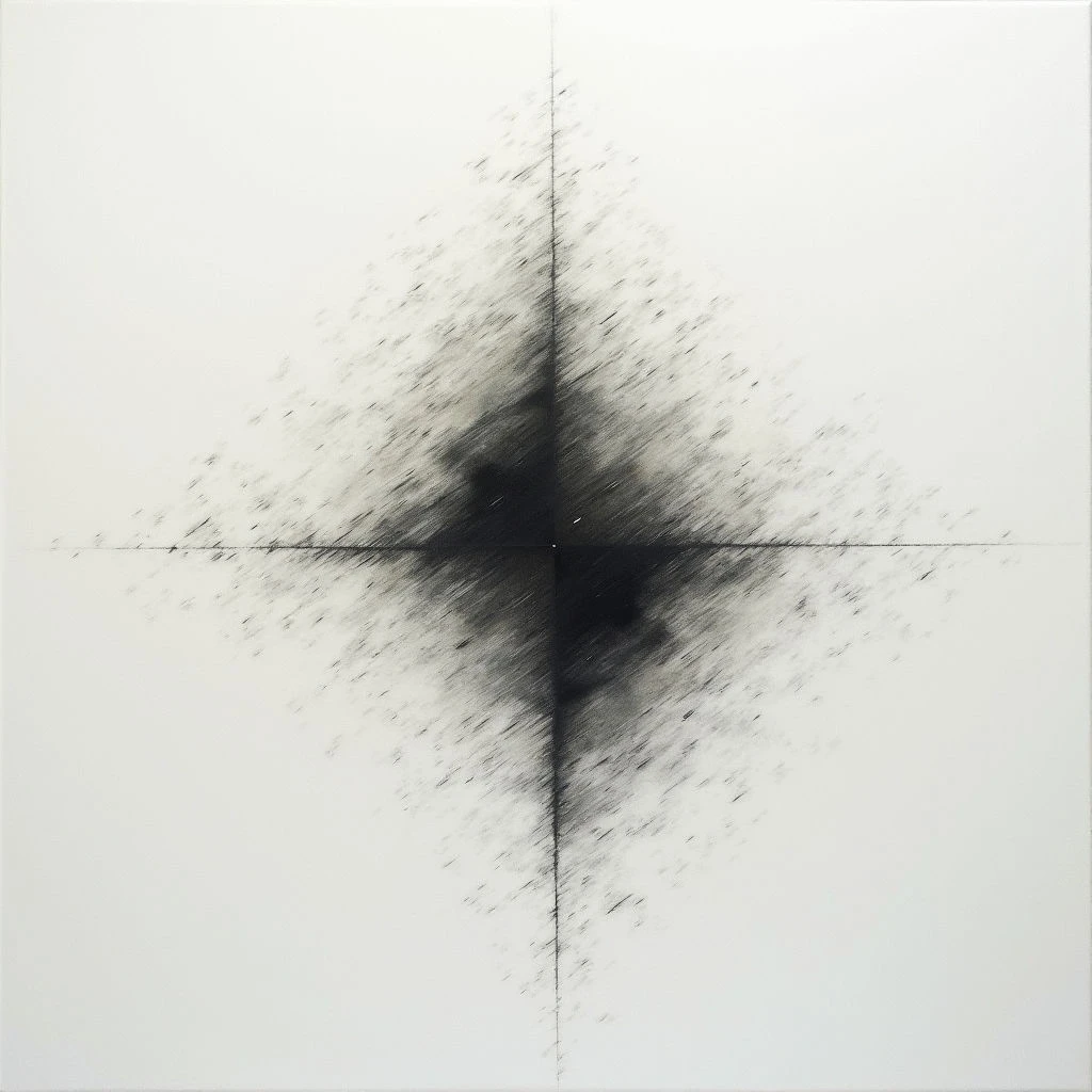 A dark, blurred shape resembling an X dominates the center of a white field. Fine, scattered lines radiate outwards from the core of the X, becoming sparser towards the edges of the canvas. Two faint horizontal and vertical lines intersect at the center, providing a subtle grid-like structure beneath the darker form.