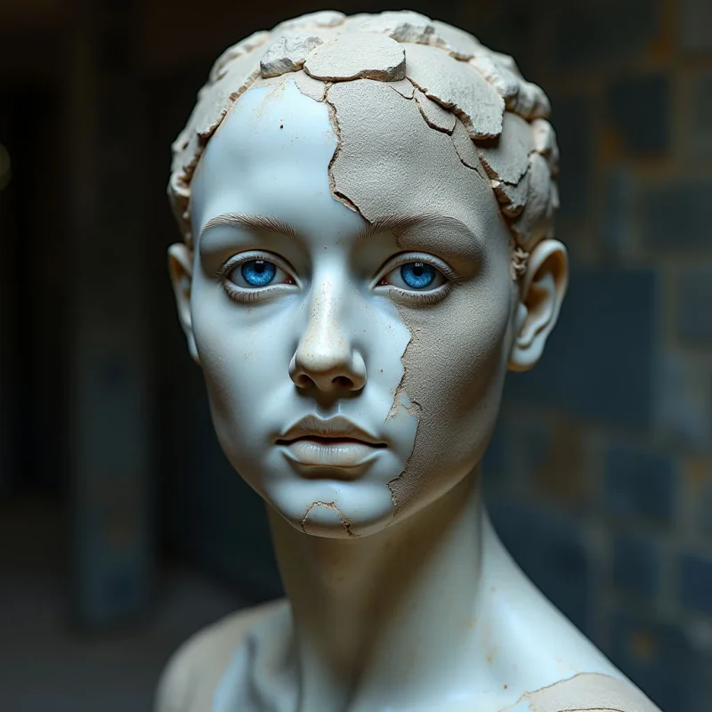 A pale, smooth bust of a face is juxtaposed with rough, beige, fragmented sections that create jagged patterns across its surface. Bright blue eyes stand out against the monochromatic cream and tan tones under soft, diffused lighting. The figure occupies the central foreground, set against a dark, blurred background of muted grey and brown rectangular shapes.