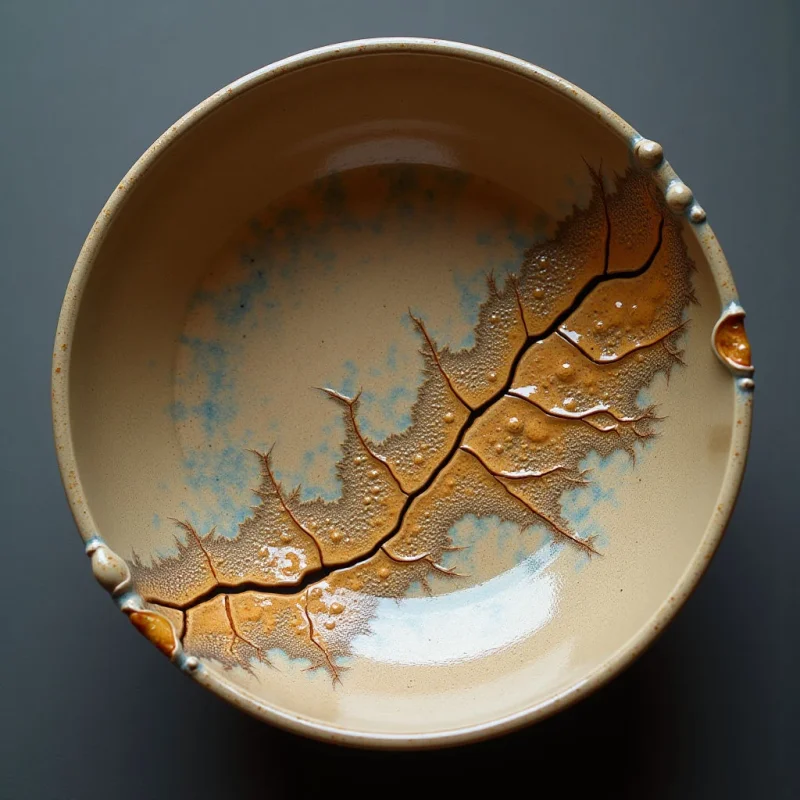 A circular ceramic bowl features a tan interior marked by an organic, branching pattern in shades of amber and deep brown. This textured, vein-like formation cuts across the smooth surface, creating a sense of movement against the subtle blue washes. Soft light reflects off the glossy glaze, highlighting the contrast between the sleek basin and the raised, crinkled ridges of the central motif.