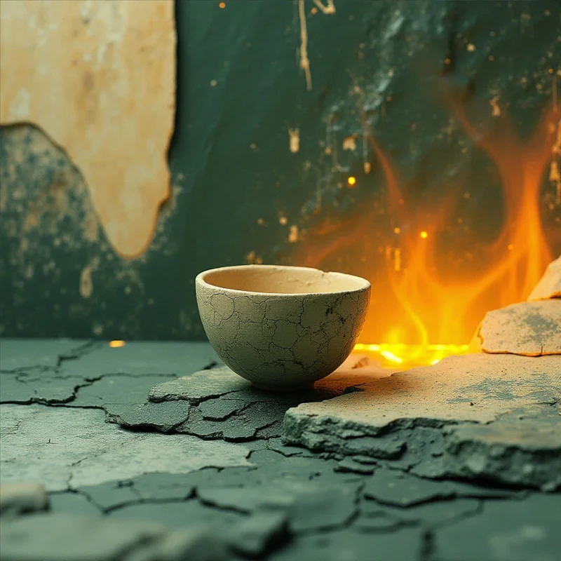 A cracked, pale ceramic bowl sits centrally on a textured, dark teal surface of fractured stone or parched earth. Bright orange and yellow flames rise in the background, casting a warm glow against a muted, dark green wall with patches of beige. The composition creates depth through the contrast between the sharp foreground textures and the soft, luminous light of the fire in the midground.