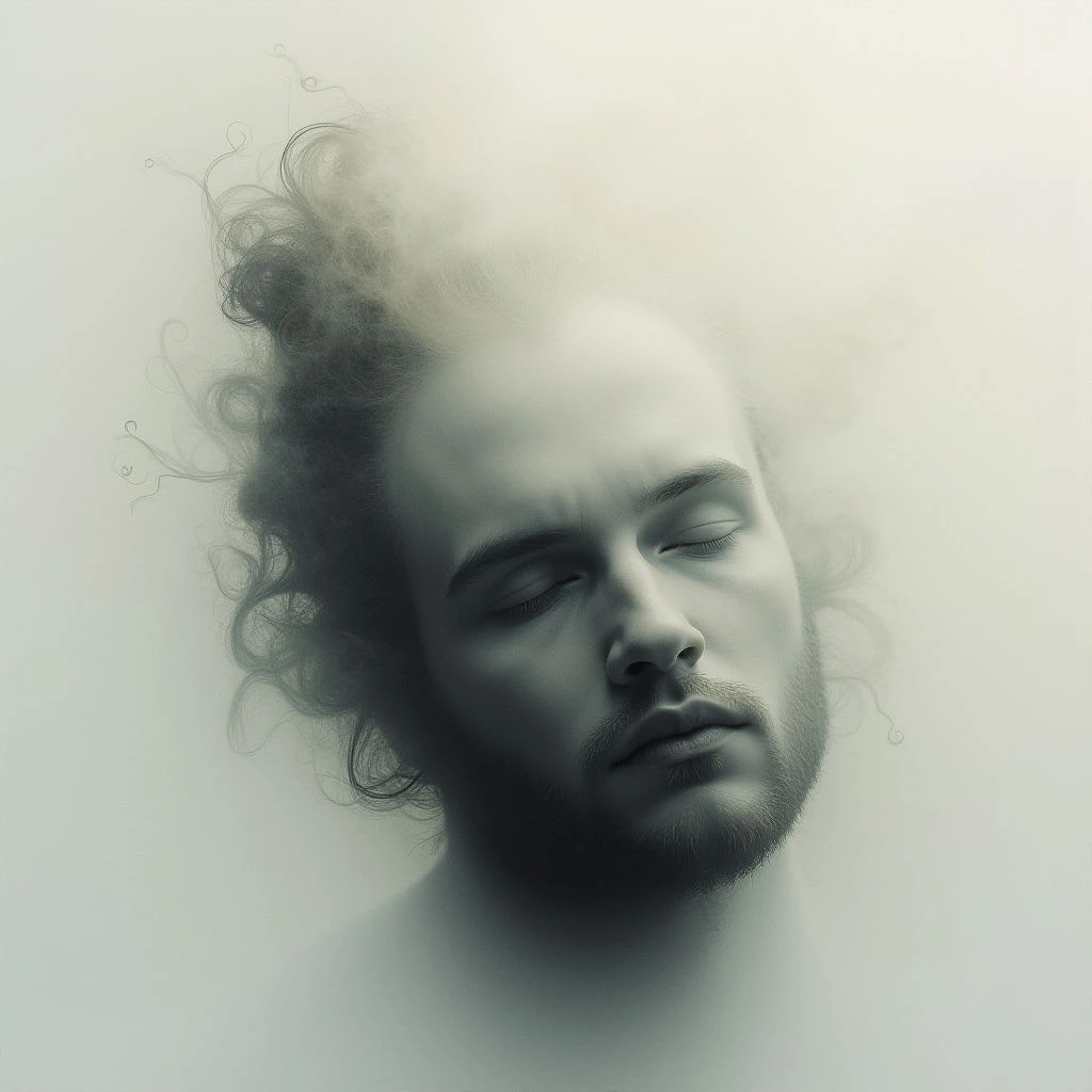 A young man with curly hair and a short beard is shown with his eyes closed, appearing peaceful or asleep. His face seems to be dissolving into wisps of smoke or mist, creating an ethereal quality. The overall tone is muted and somber, with shades of gray and green dominating the image.