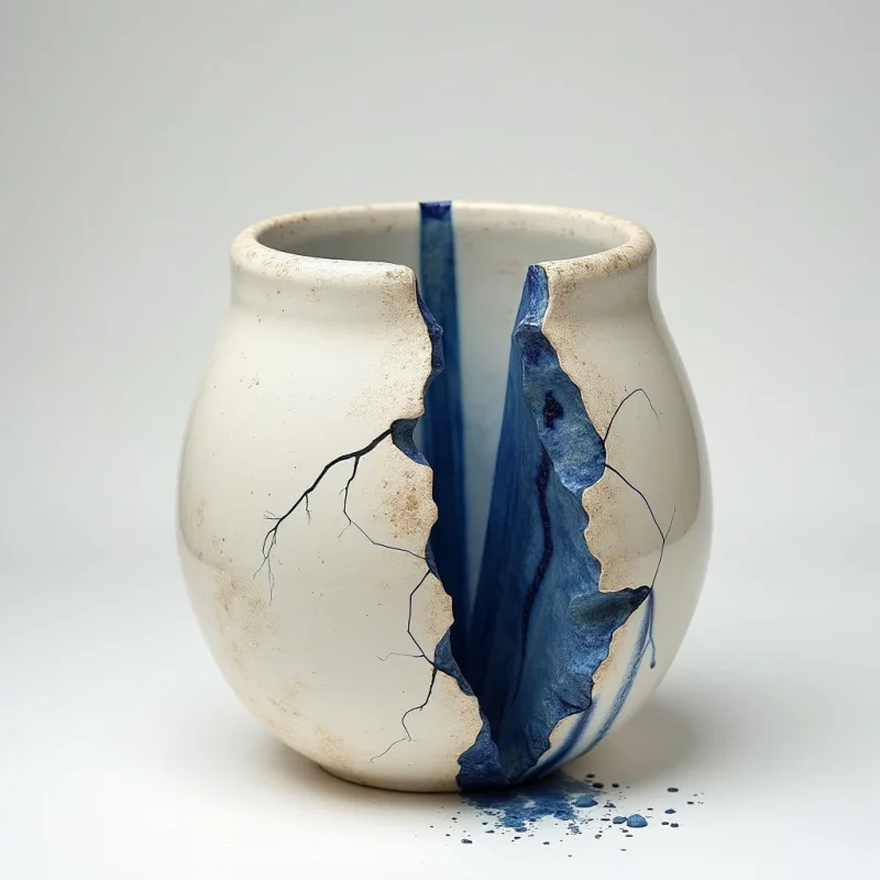A rounded, off-white ceramic vessel features a deep vertical fissure that reveals a textured, cobalt blue interior. Jagged dark lines branch out from the central crack across the smooth, matte surface of the container. The object sits against a neutral white background with soft light casting subtle shadows beneath its base and within the split.