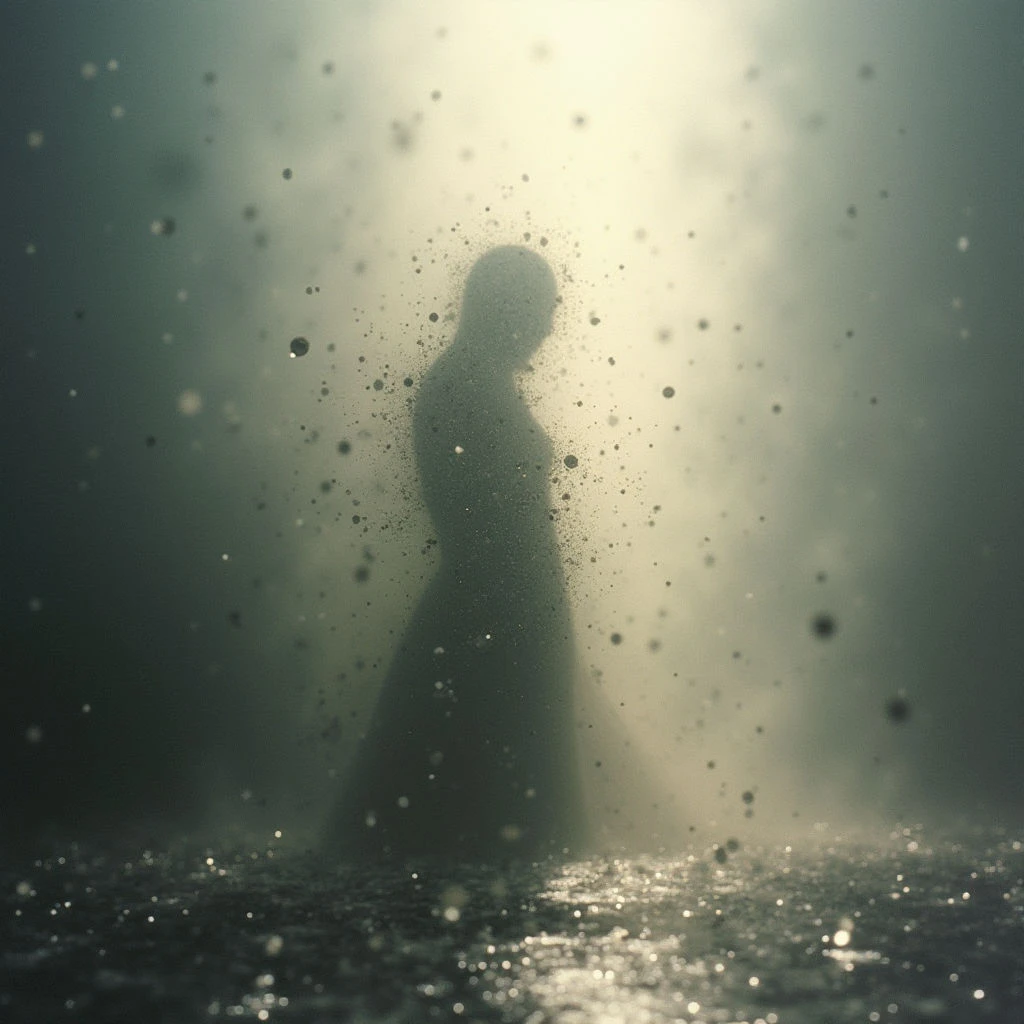 A shadowy figure stands submerged in water, partially obscured by a swirling mist and countless droplets. Light filters from above, catching the spray around the form and creating an ethereal glow. The overall impression is one of mystery and dissolution, as if the person is fading into the surrounding elements.