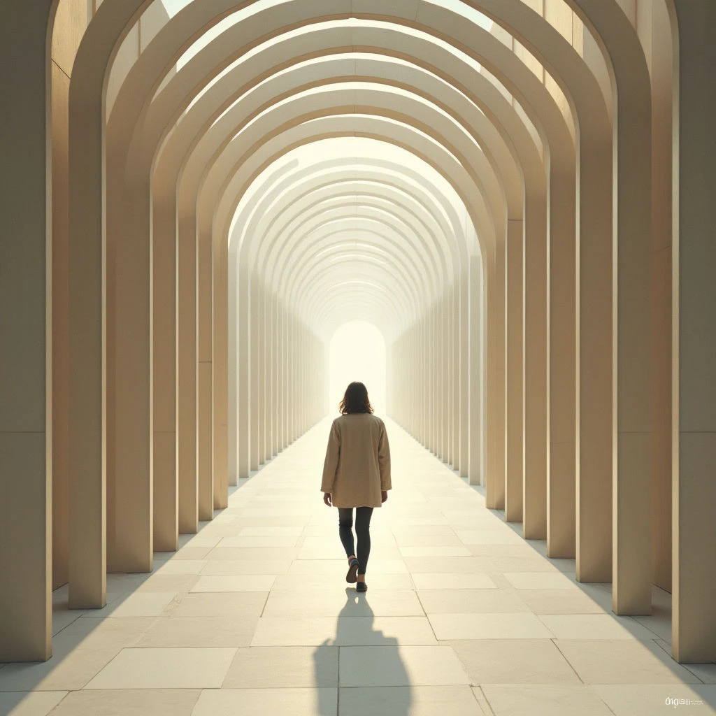 The image features a long corridor defined by repeating arched structures in varying shades of beige and cream. Smooth, rectangular floor tiles lead the eye toward a bright, indistinct light source at the far end, while a single figure is positioned centrally walking away from the viewer. The scene is dominated by vertical lines created by the columns, emphasizing depth and a sense of receding space with soft shadows cast across the floor.