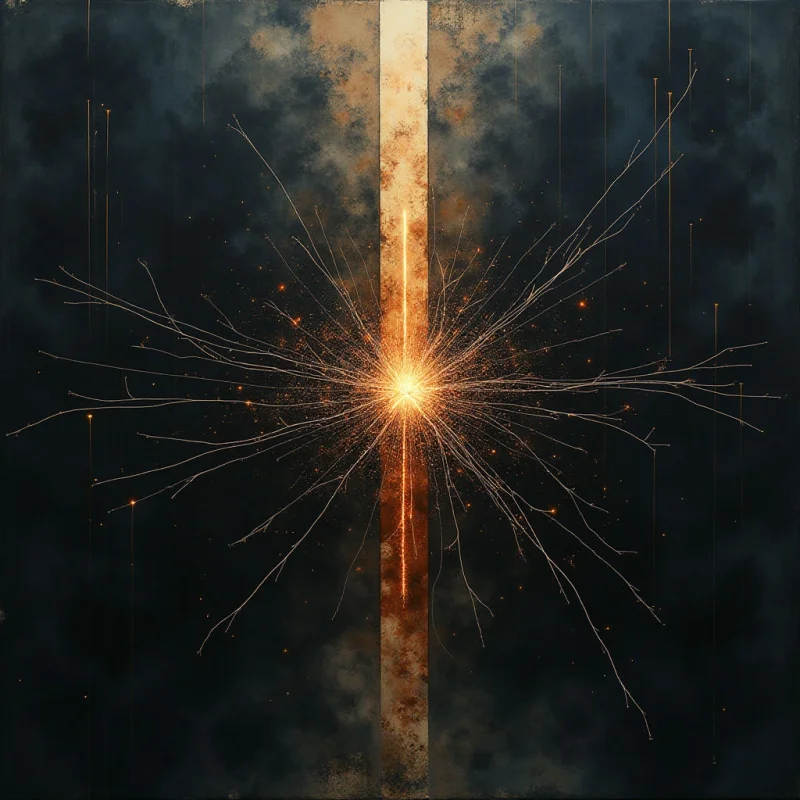 A central vertical band of textured gold and ochre is intersected by a bright burst of orange sparks that radiate outward in thin, spindly lines. These luminous filaments stretch across a dark, smoky background filled with soft, nebulous clouds and subtle vertical streaks. The composition centers on the high-contrast relationship between the brilliant light of the explosion and the deep, muted tones of the surrounding void.