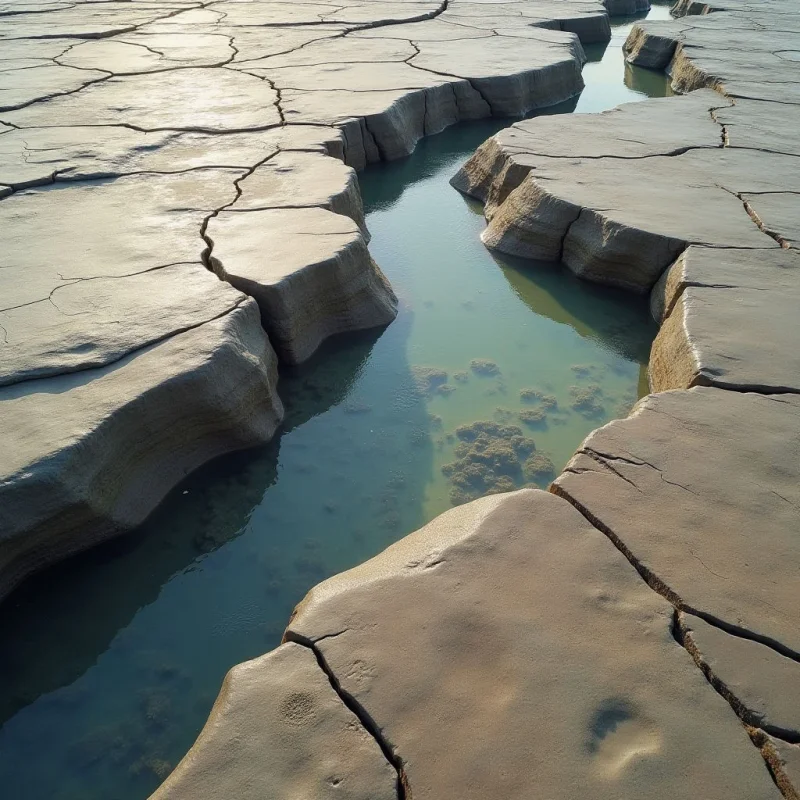 A winding channel of murky, greenish-blue water flows through a landscape of cracked, tan-colored earth. The terrain consists of irregular, flat plates with rough, layered edges that descend into the narrow waterway. Soft, diffused light illuminates the scene, highlighting the smooth surface of the liquid and the dry, textured fissures in the ground.